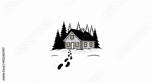 Snow-covered cabin in a forest with footprints leading to the door