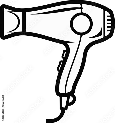 Stylized black and white outline of a modern hair dryer with cord
