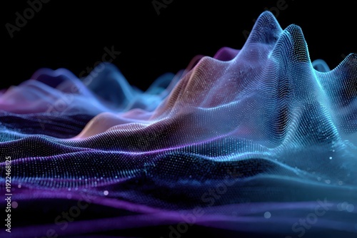 Vibrant glowing particles form abstract undulating waves on dark. Ideal for tech, science, music, or abstract concept backgrounds.