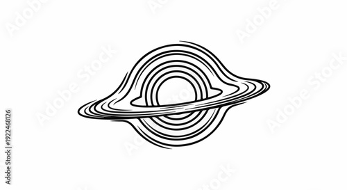 Stylized black and white drawing of a black hole with swirling accretion disk
