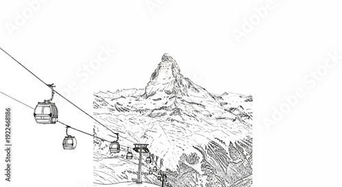 Snow-covered mountain peaks with cable cars traversing the slopes