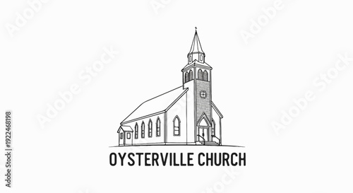 Simple sketch of a historic church with a steeple and arched windows