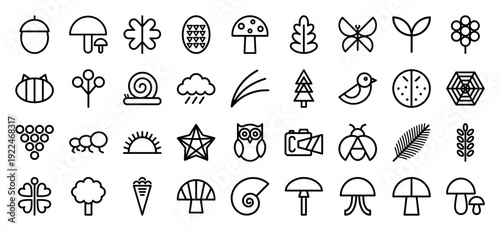 Nature and forest exploration monoline icons for outdoor branding. Minimalist botanical and wildlife line art featuring mushrooms, insects, and woodland foliage.