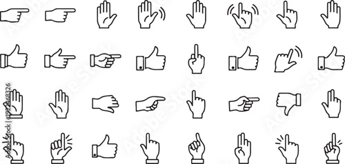 A comprehensive collection of various hand gestures and symbols isolated on white background, Vector
