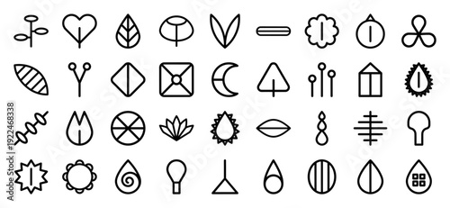 Abstract botanical and geometric monoline elements for eco-branding and sustainable identity. Minimalist organic nature symbols with clean structural linework.