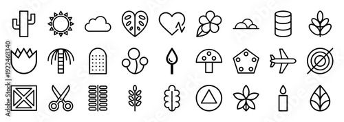 Abstract nature and lifestyle monoline pictograms for branding and sustainable design. Minimalist geometric symbols featuring botanical elements and organic shapes.