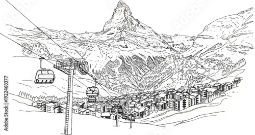 Snowy mountain village with cable cars ascending steep slopes
