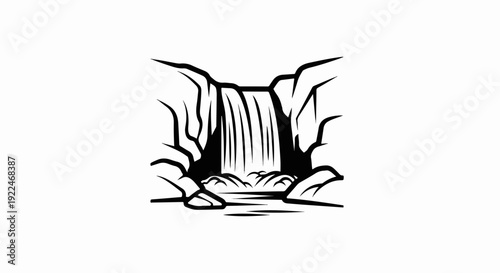 Stylized black and white illustration of a cascading waterfall with rocky sides