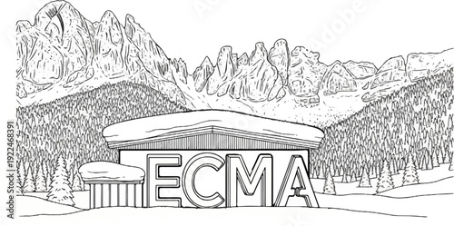 Snowy mountain peaks tower over a snow-covered building with bold letters