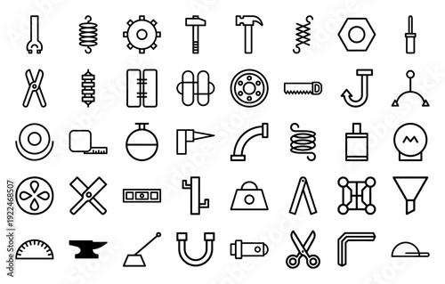 Industrial engineering and mechanical hardware monoline icons. Heavy equipment, construction tools, and technical maintenance pictograms in a uniform geometric style.
