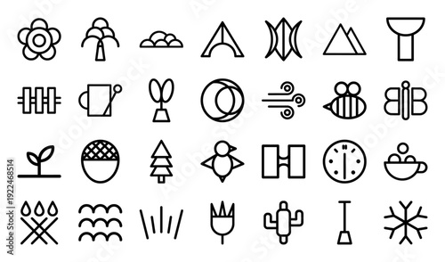 Sustainable gardening and nature conservation monoline icons featuring botanical growth, organic farming, and seasonal weather symbols in a modern geometric style.