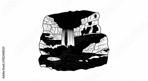 Stylized black and white illustration of a cascading waterfall surrounded by rocky cliffs