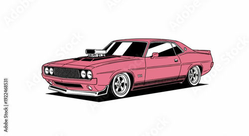 Striking pink vintage muscle car with exposed engine, black accents