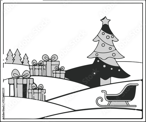 Snowy winter scene with decorated Christmas tree, gift boxes, and sleigh