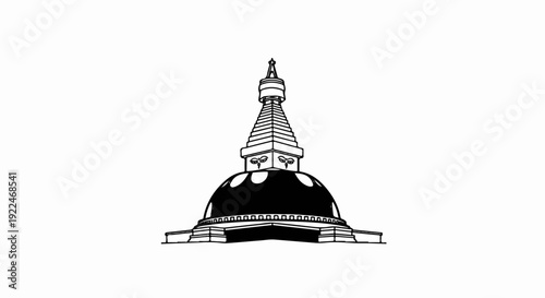 Stylized black and white line art of a Buddhist stupa