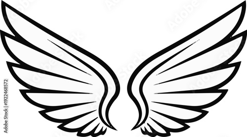 Stylized black and white outline of feathered wings reaching upwards