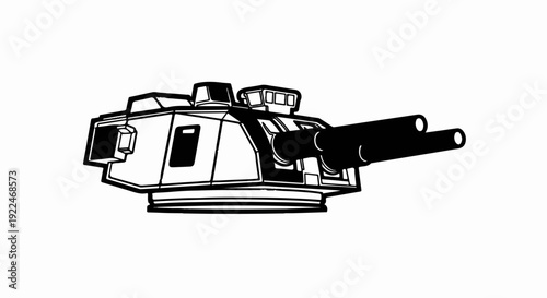 Stylized black and white drawing of a heavy weapon turret