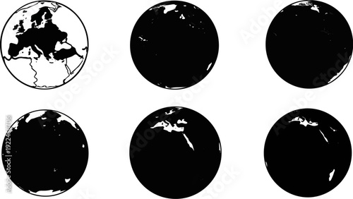 Six circular projections of Earth's continents and oceans in various black and white depictions