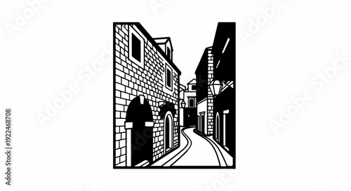 Stylized black and white drawing of a narrow, winding street between stone buildings