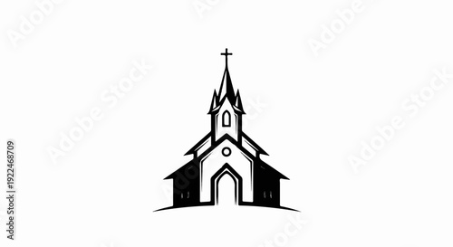 Stylized black and white illustration of a church with a steeple and cross