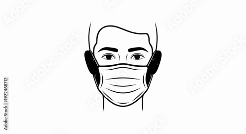 Stylized black and white drawing of a person's face wearing a protective mask