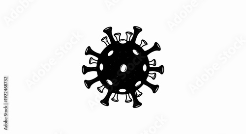 Stylized black and white representation of a spherical virus with spikes