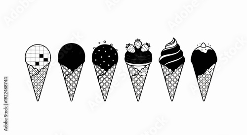 Six diverse ice cream cones lined up on a white background