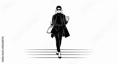 Stylish woman in black outfit walks with coffee and handbag