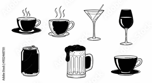 Six different beverage illustrations coffee, martini, wine, soda can, beer, and coffee