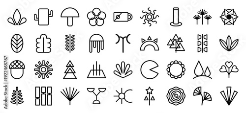 Abstract nature symbols and botanical monoline icons for eco-friendly branding and organic product packaging. Minimalist geometric line art featuring leaves, trees, and environmental concepts.