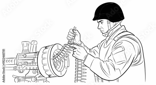 Soldier loading ammunition into a heavy machine gun in a line drawing
