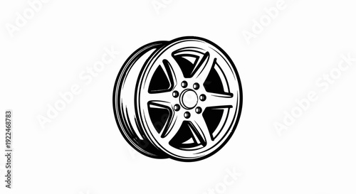 Stylized black and white drawing of a six-spoke automobile wheel