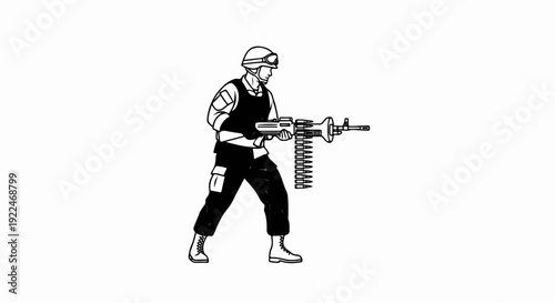 Soldier wearing protective gear aims a machine gun with a belt of ammunition