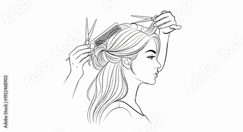 Stylist cuts a woman's hair with scissors and comb, profile view