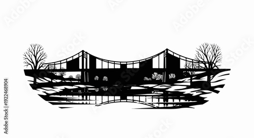Stylized black and white silhouette of a suspension bridge with trees and water reflection