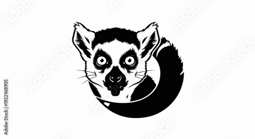 Stylized black and white illustration of a ring-tailed lemur's face