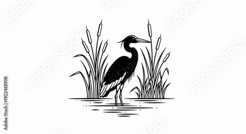 Stylized black crane stands in shallow water surrounded by cattails