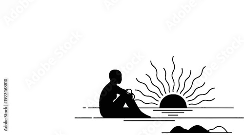 Solitary figure observes sunrise over tranquil waters with distant hills