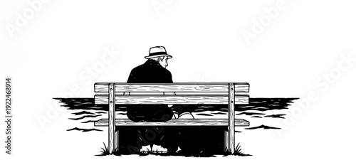 Solitary figure in hat sits on a wooden park bench overlooking water