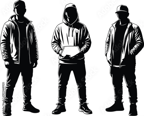 Urban men silhouette set wearing hoodies and caps, male streetwear fashion collection in standing poses, youth culture and modern lifestyle