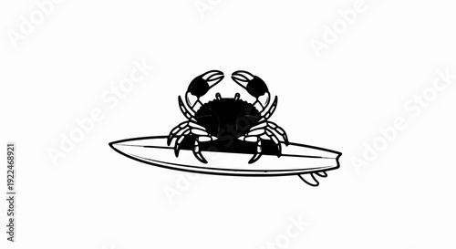 Stylized black crab with claws up on a surfboard against white background