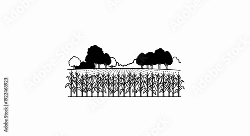 Stylized black and white illustration of a cornfield with trees in the background