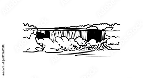 Stylized black and white drawing of a wide waterfall cascading into a rocky pool below