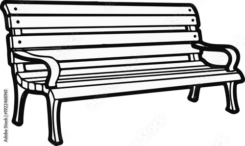 Stylized black and white drawing of an empty park bench with wooden slats and curved arms
