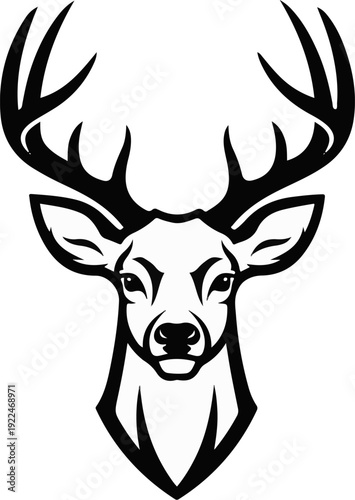 Stylized black and white illustration of a deer head with large antlers
