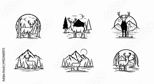 Six linocut style designs featuring deer amidst mountains, trees, and a sun/moon