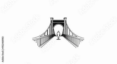 Solitary figure walks across suspension bridge toward arched gateway