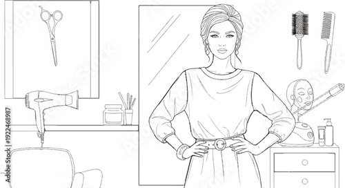 Stylist in salon with mirror, hairdryer, brushes, and beauty equipment