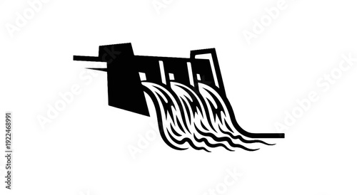 Stylized black and white illustration of a dam with water flowing