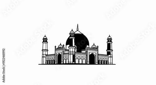 Stylized black and white drawing of an ornate mosque with domes and minarets
